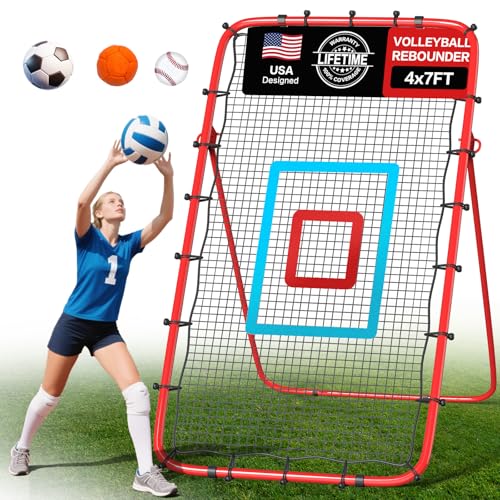 Portable Volleyball Rebounder Net 7x4 Ft, 5-Angle Adjustable Rebounder Net for Practicing Digging, Setting, Spiking, Bounce Back Training Equipment with Durable Frame, 2 Target Stripes & Travel Bag