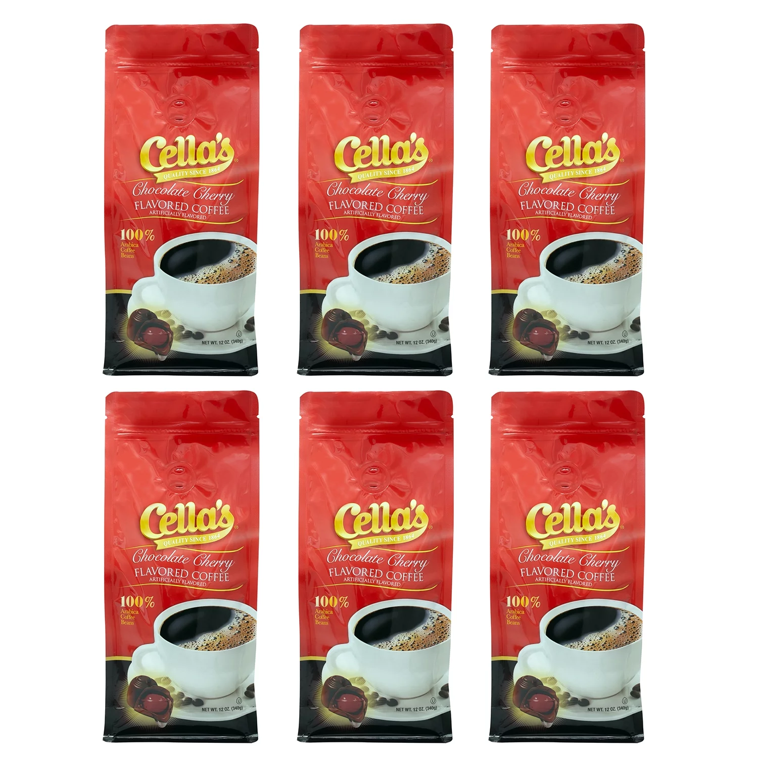 Cellas Chocolate Cherry Flavored,Medium Roast,Ground Coffee,Six - 12 ounces Bags