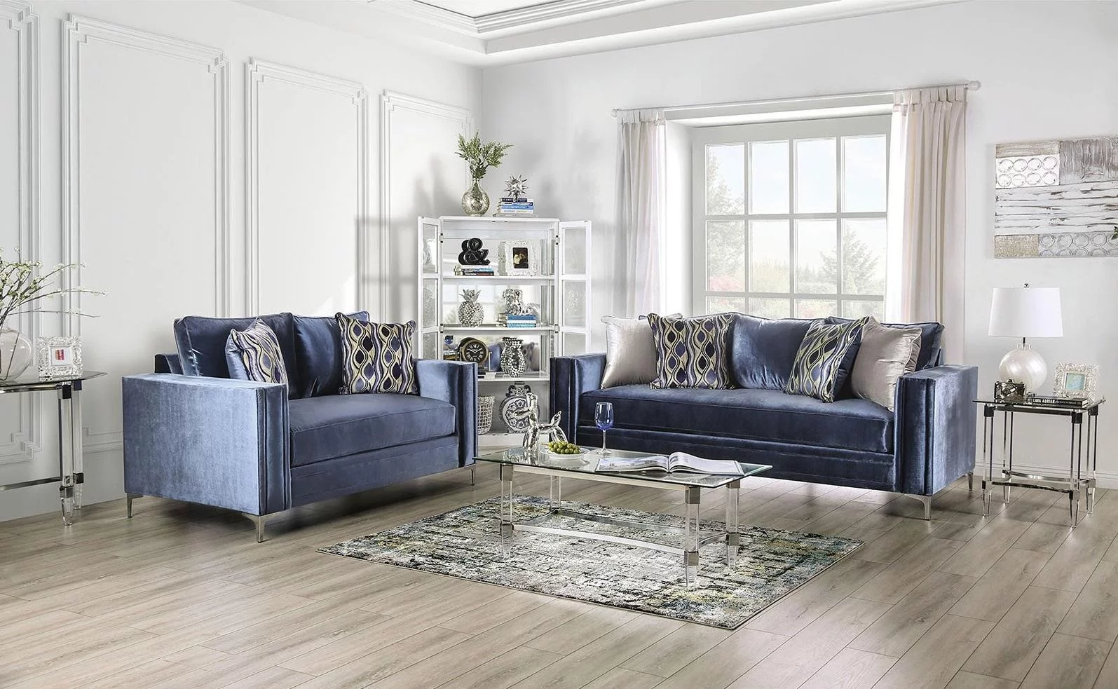 Contemporary Satin Blue & Silver Microfiber Loveseat FOA SM2687-LV Jodie