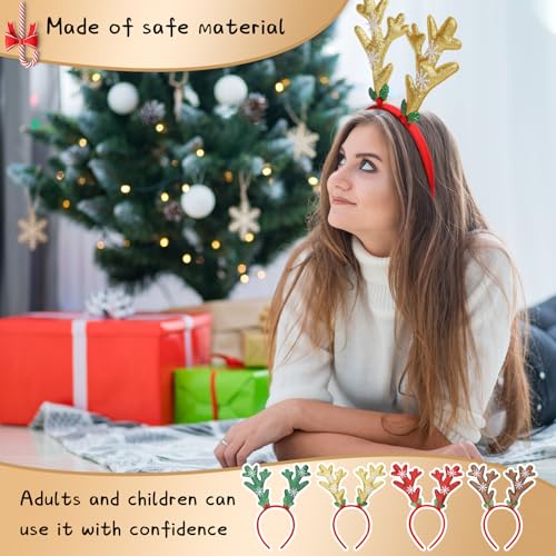 Zubebe Christmas Deer Antlers Headband Glitter Snowflake Reindeer Bulk Antlers Headpiece Headdress for Costume Party (12 Pcs)