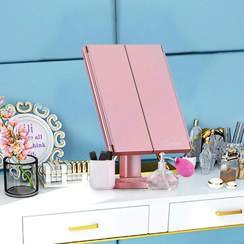 BESTOPE Trifold Makeup Vanity Mirror with Lights, 1X/2X/3X Magnification, 21 Led Lighted Mirror with Touch Screen Power,180° Adjustable Rotation,Dual Power Supply,Portable Trifold Mirror