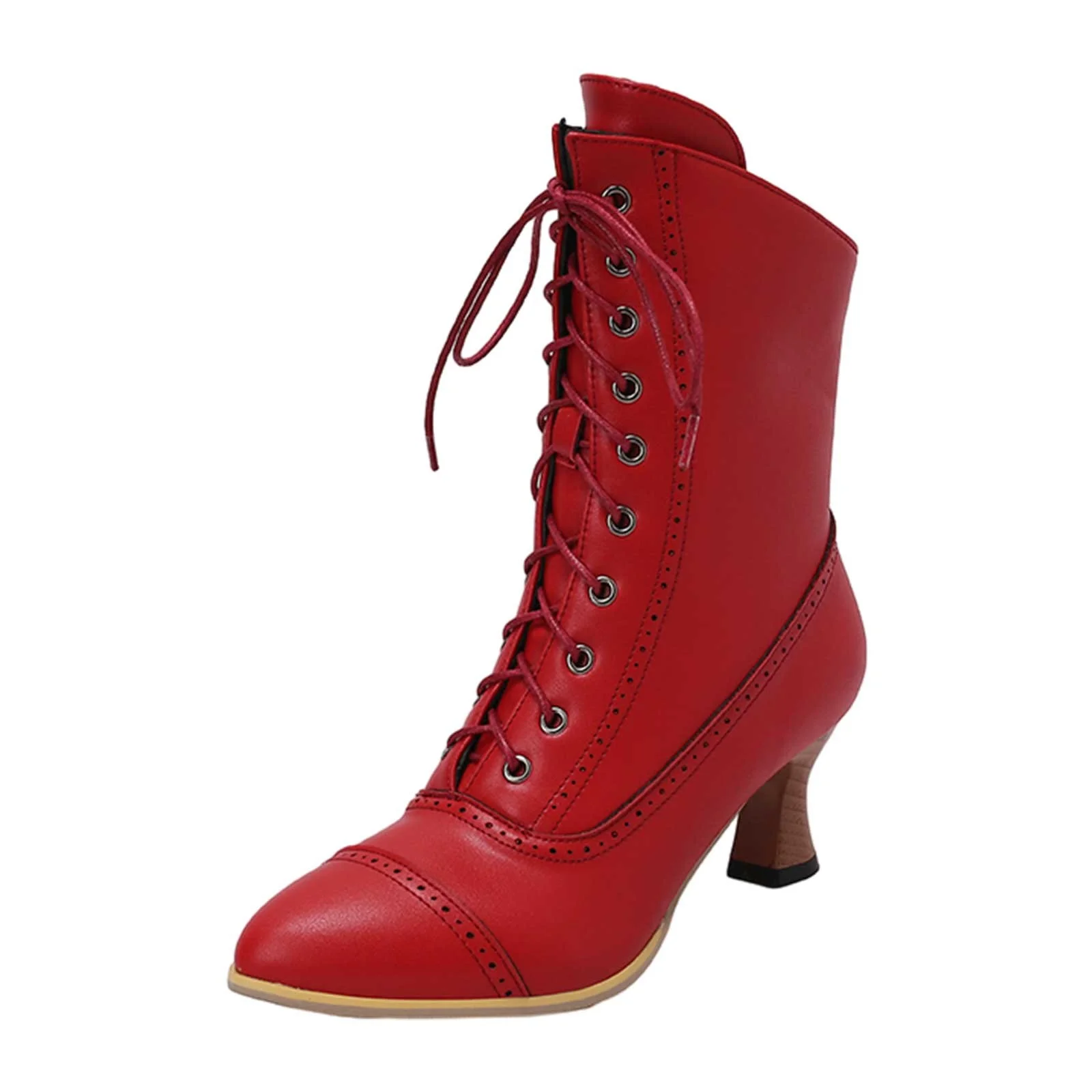 PMUYBHF Female Women Sandals and Slides Lace up British Boots Wine Glasses and Round Headed Solid Color Large Women's Short Boots Red 38