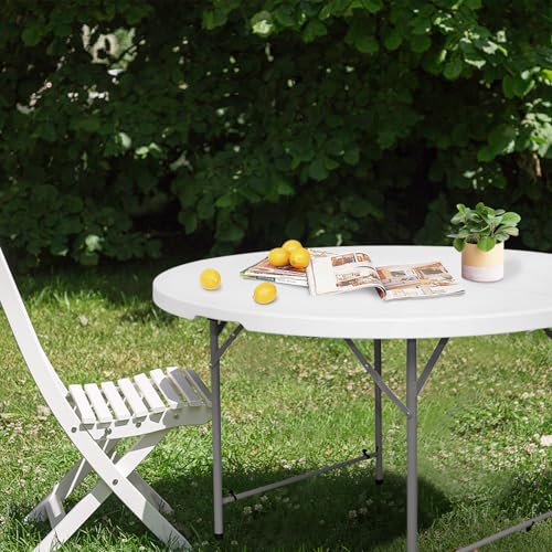 48in Round Folding Table with Carrying Handle, White 4 Feet Portable Plastic Dining Card Table for Kitchen or Outdoor Party Wedding Event