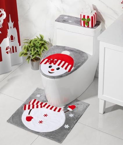 Luxspire Christmas Toilet Seat Cover and Rug Set of 4, Christmas Bathroom Decoration Set, Snowman Toilet Lid Cover, Toilet Rug, Toilet Tank Lid Cover, Tissue Box Cover, Home Decor