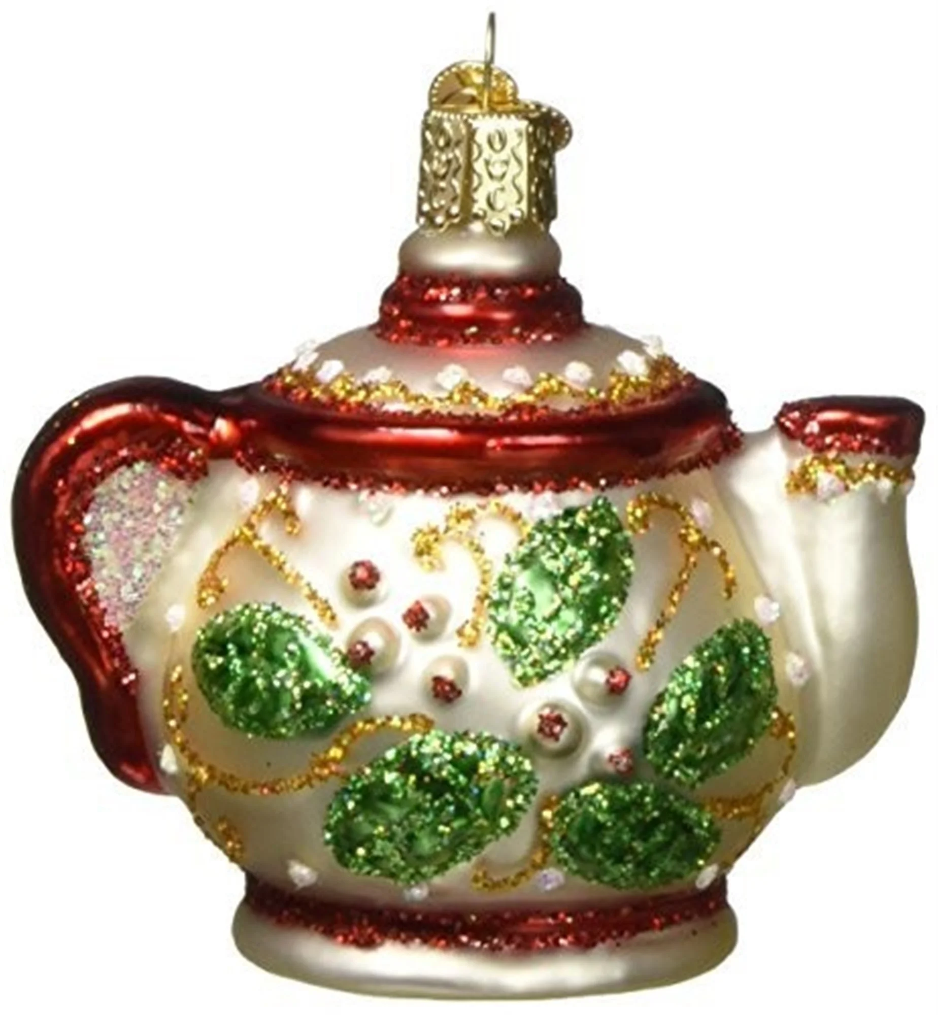 Old World Christmas Glass Blown Christmas Ornament, Holly Teapot (With OWC Gift Box)