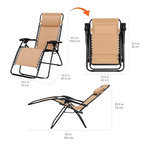 Amazon Basics Outdoor Patio Zero Gravity Lounge Chair with Pillow, Folding Reclining and Textilene Adjustable, Folding Lounge Lawn Chairs for Outside, 26