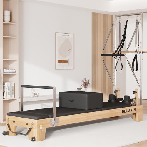 DELAVIN Pilates Reformer with Tower, Pilates Machines with Springs, Sitting Box, Jump Board and Accessories, Solid Wooden Pilates Equipment for Studio, Gym and Home Workout