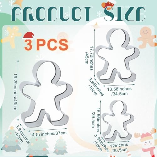 Tandefio Set of 3 Oversized Gingerbread Men Silver Gingerbread Men Cookie Cutter Figurines for Christmas Decorations Outdoor Day Holiday Party Supplies Stainless Steel, 19.29