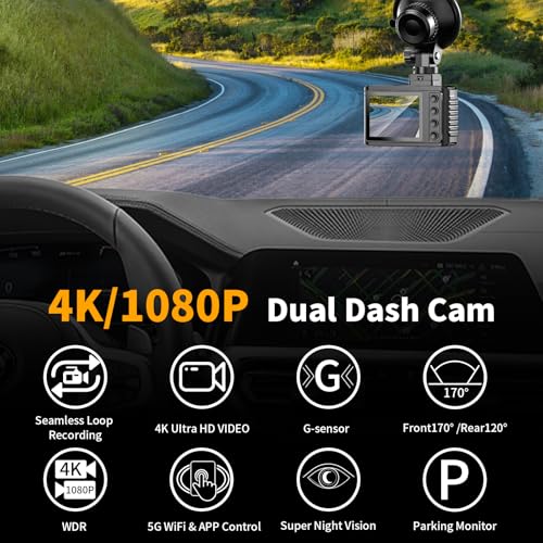 Dash Cam Front and Rear: 4K Dual Channel Dash Cam - 5GHz WiFi, Dash Camera for Cars with 64GB Card, 2.0