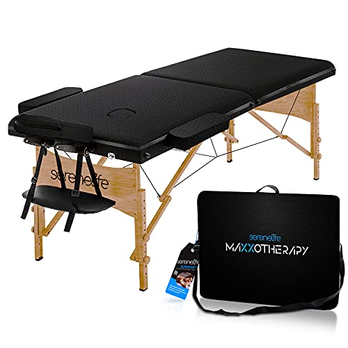 SereneLife Portable Massage Table, Professional Adjustable Folding Massage and Lash Bed with Wooden Frame for Esthetician with Ergonomic Headrest, PU Leather, Ideal for Therapists
