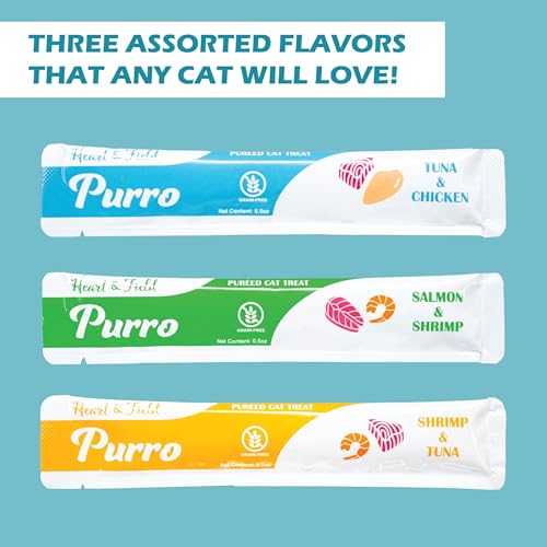 Heart & Field Purro Cat Treats, Squeezable Lickable Variety Pack, Tuna Shrimp, Salmon Shrimp, Tuna Chicken, 52 Count