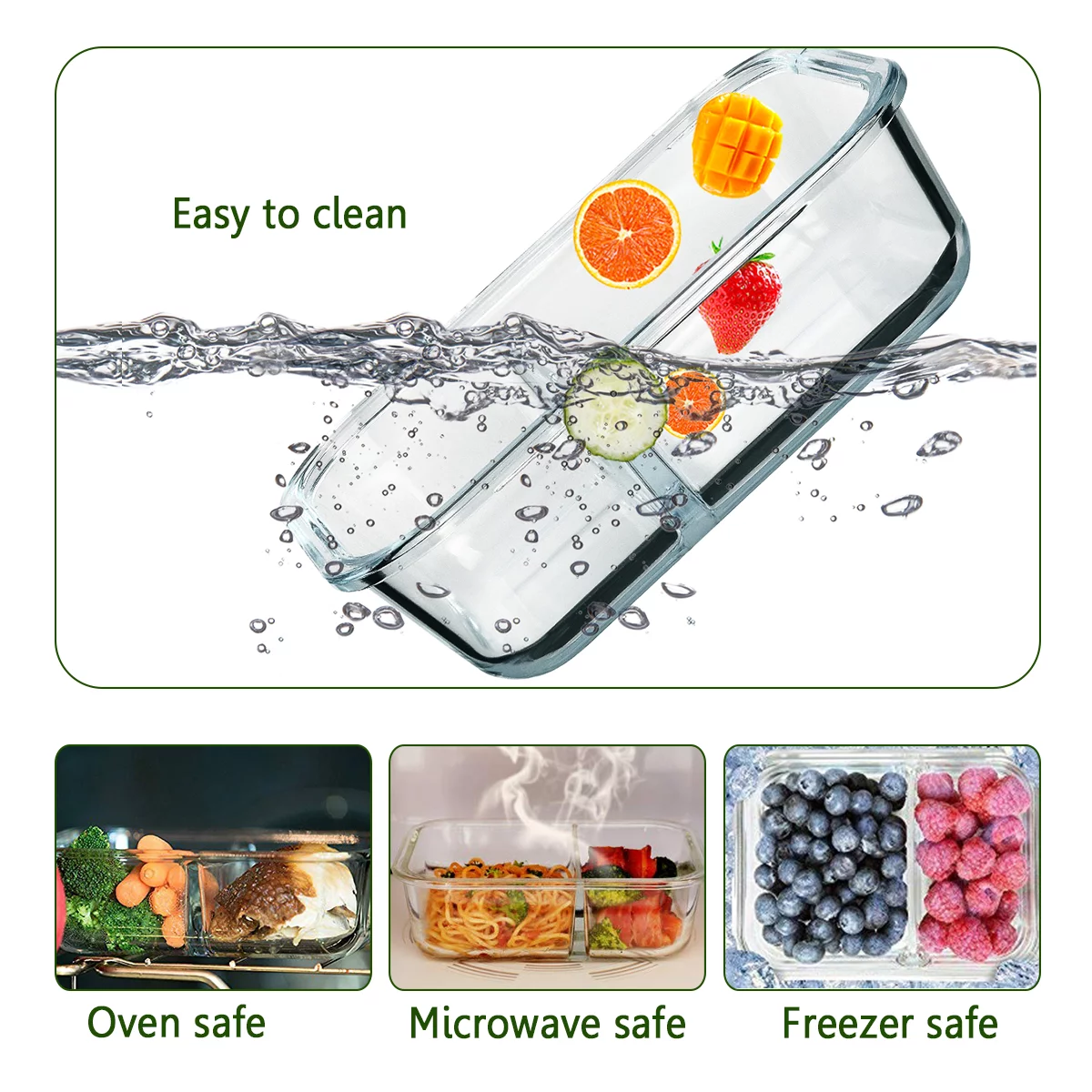 5-Pack 36 Oz, Glass Meal Prep Containers 2 Compartments, Portion Control Airtight Glass Food Storage Containers with Locking Lids, Microwave, Oven, Freezer and Dishwasher