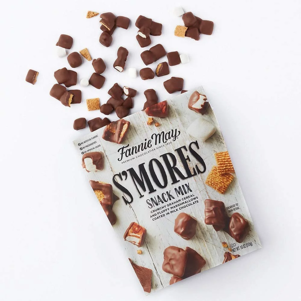 Fannie May S'mores Snack Mix, Milk Chocolate Covered Mini Marshmallows and Graham Cereal, 18oz Bag