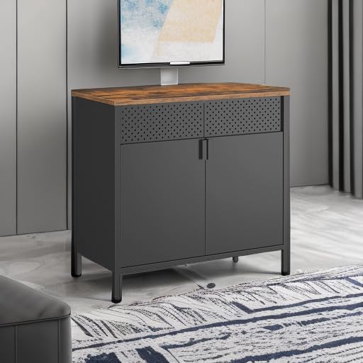 SONGMICS Storage Cabinet, Metal Cabinet, Sideboard with 2 Doors, 15.7 x 31.5 x 29.9 Inches, Magnetic Closure, Adjustable Shelf, Steel Frame, Rustic Brown and Black ULSC102B01