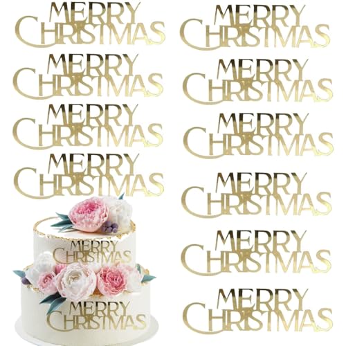 10 Pcs Mirror Gold Merry Christmas Cake Toppers Acrylic Engraved Merry Christmas Cake Topper Decorations for Party Birthday Dessert DIY Decor Supplies