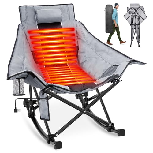 Suteck Heated Rocking Camping Chair, XL Oversized Rocking Chair Outdoor with 3 Heat Levels for Back and Seat, Heated Chairs Outdoor Sports for Patio Lawn Picnic Travel, Battery(Not Included)