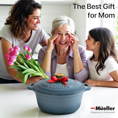 Mueller 6qt Enameled Cast Iron Dutch Oven, Heavy-Duty Casserole and Braiser Pan with Lid and Knob, Oven-Safe up to 500° F & Across All Cooktops, White