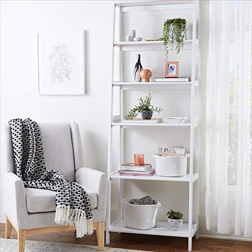 Amazon Basics 5 Shelf Sturdy Rubberwood Ladder Bookshelf for Book Storage, White, 15.03
