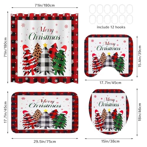 4Pcs Christmas Shower Curtain Set - Merry Christmas Bathroom Set Holiday Shower Curtain with Non-Slip Rugs, Toilet Lid Cover and Bath Mat