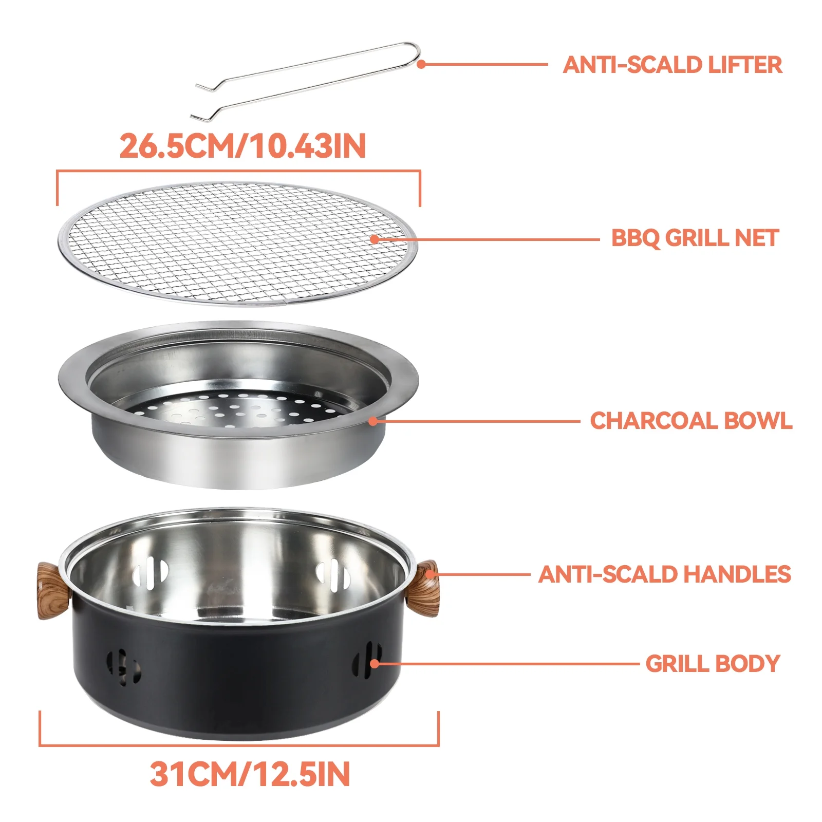 Exclusivo Mezcla 12.5-Inch Charcoal BBQ Grill, Portable Small Camping Grill, Tabletop Korean Barbecue Grill for Home Party and Outdoor Backyard Cooking, Black