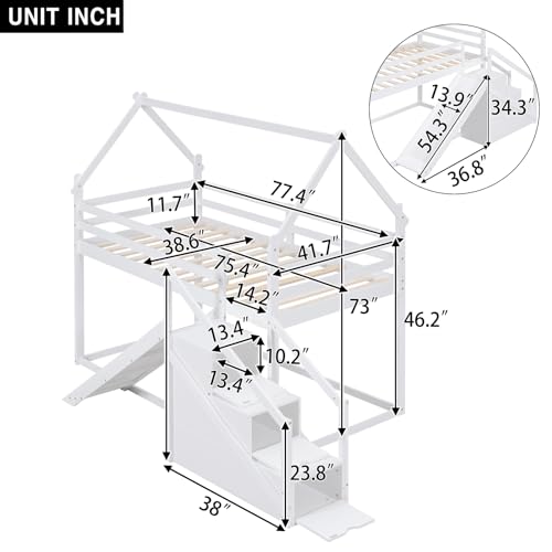 Merax House Shaped Junior Bunk Bed Frame Twin Over Twin with Slide and Storage Stairs, Wood Low Bunkbed with Full-Length Guardrails and Roof Design for Teens, Boys, Girls, No Box Spring Needed, White