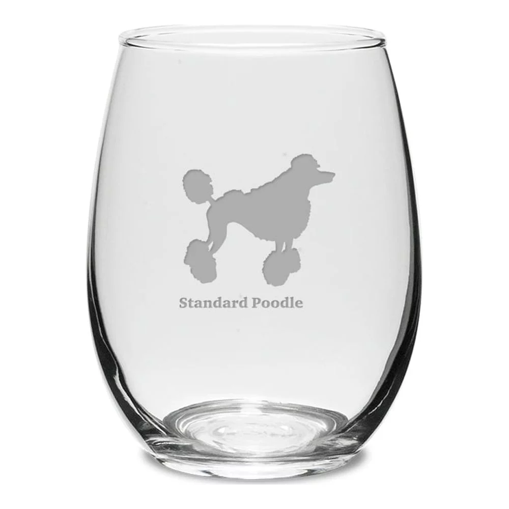 Standard Poodle Deep Etched 15 oz Stemless White Wine Glass