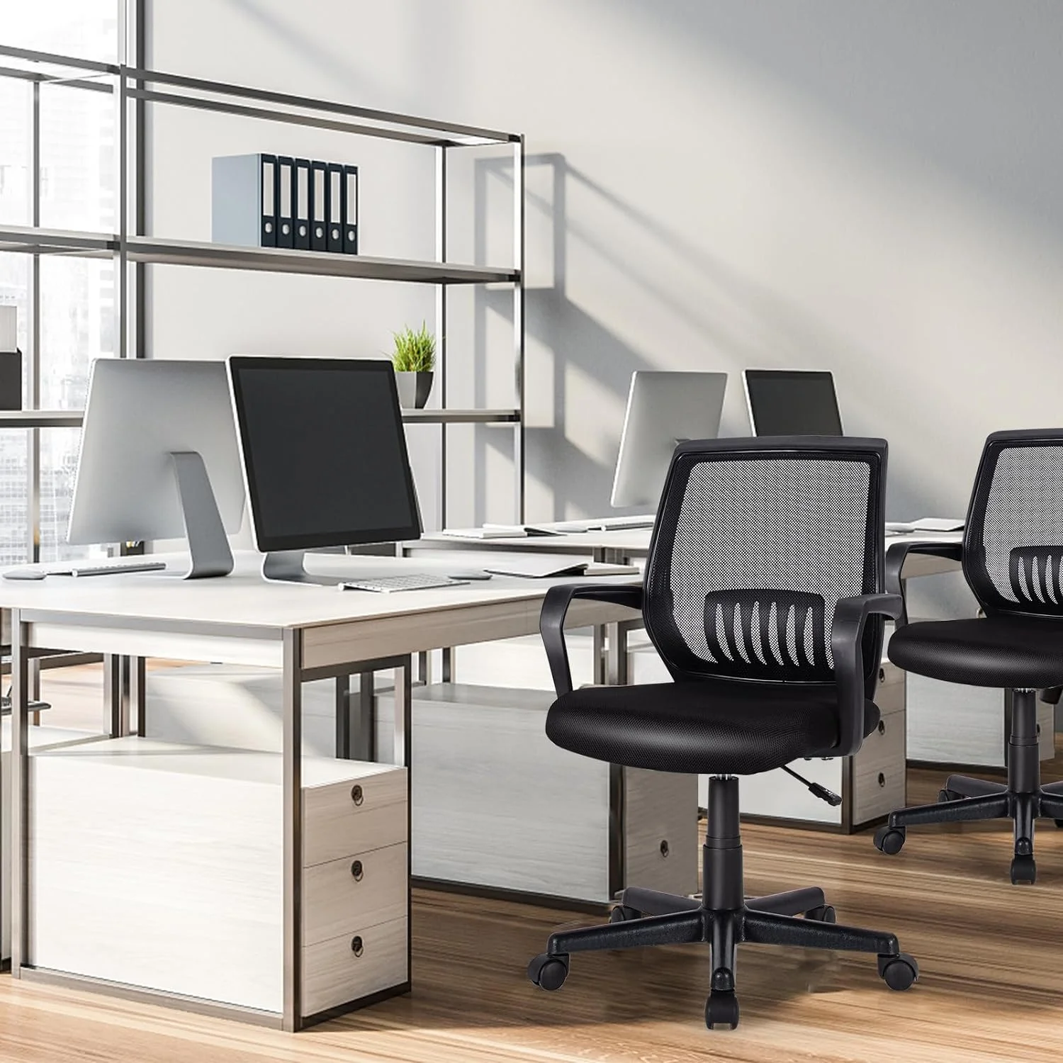 GRAFFY Office Desk Chair, 300 LBS Mesh Computer Chair w/Cushioned Seat, Executive Height Adjustable Rolling Chair, Mid Back Swivel Task Chair, Ergonomic Office Chair w/Lumbar Arm Support, Black