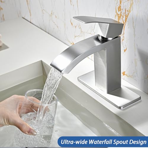 Black Tall Waterfall Bathroom Faucet, Single Hanlde Vessel Sink Faucet, Bathroom Faucets for 1 Hole, RV Lavatory Vanity Mixer Bar Tap with Pop Up Drain and Hoses KMBF022B