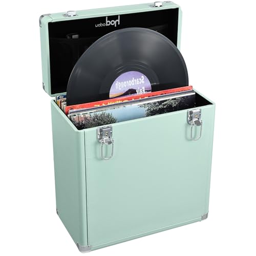 Hododou Vinyl Record Storage Box with Lock Record Organizer Storage for 30+ Single Records 12-inch Water Resistant Collapsible Storage Crate with Lid Handle Mesh Pouch for Valuable Album Collection
