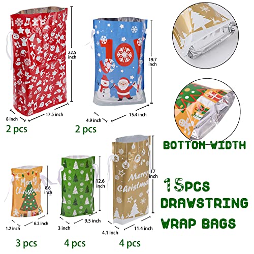 Christmas Gift Bags Assorted Sizes, 22pcs Drawstrings Christmas Bags For Gifts, Presents Wrapping Bags Favor Goody Bags Reusable Plastic Xmas Holiday Gift Bag Bulk Extra Large/Big/Medium/Small Size