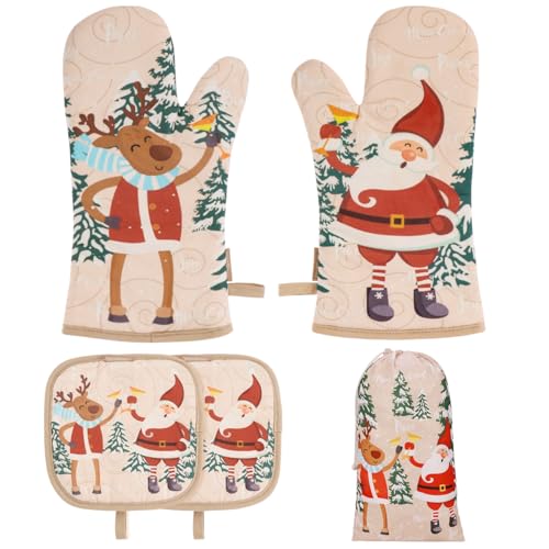 BESTonZON 5Pcs Christmas Oven Mitts and Pot Holders Sets, Heat Resistant Oven Gloves, Christmas Kitchen Decor for Kitchen Cooking Baking Grill Baking BBQ and Accessories