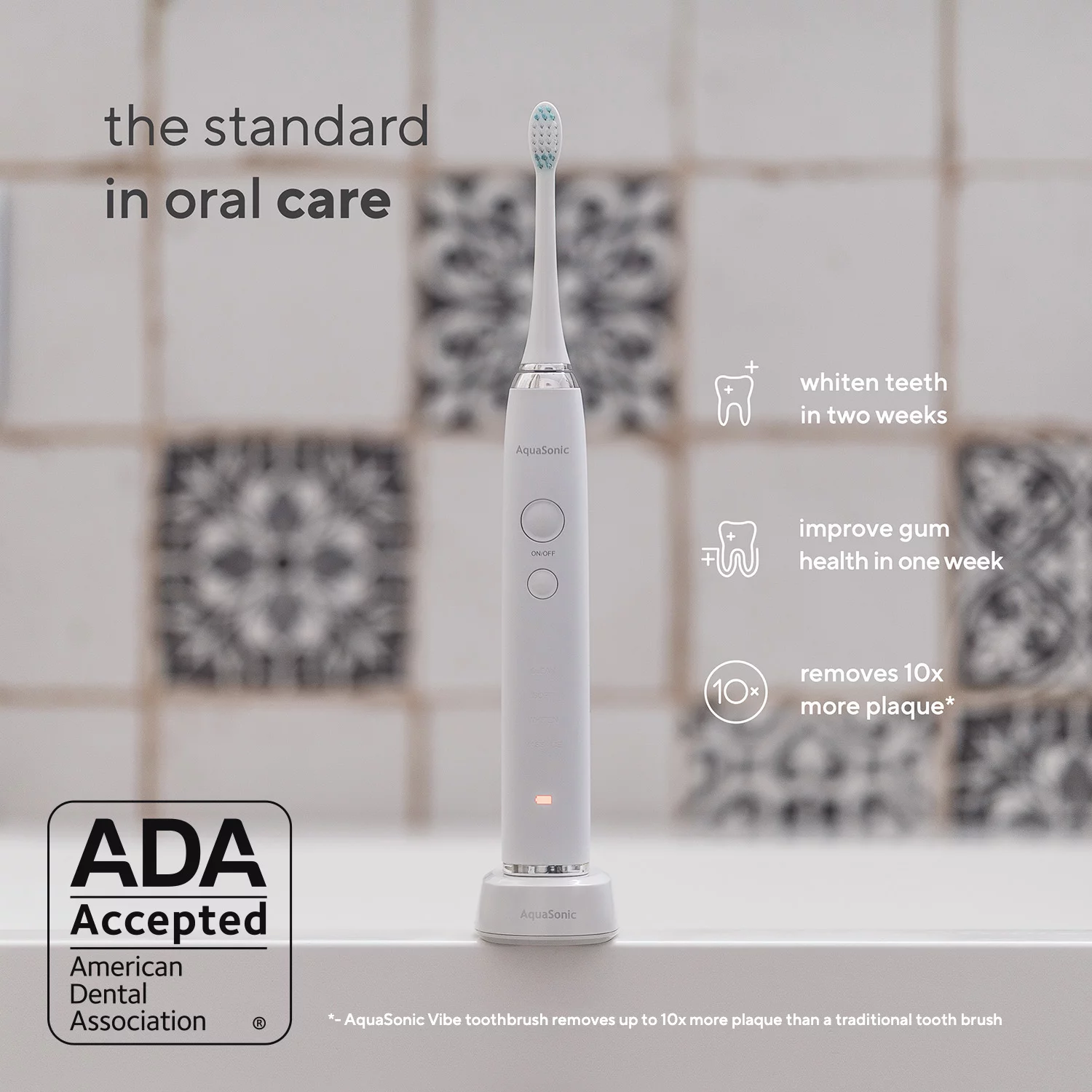 Aquasonic Vibe Series - ADA Accepted - Ultra Whitening Electric Toothbrush - 8 dupont brush heads & travel case