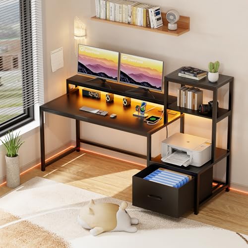 GreenForest Computer Desk with Drawers and Monitor Stand, Home Office Desk with Storage Shelves, Small Gaming Desk with Power Outlets and LED Lights for Study Writing Working, 51 inch Walnut