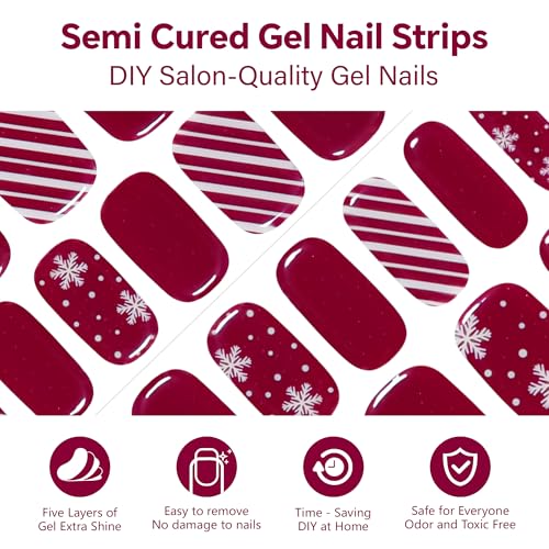 Semi Cured Gel Nail Strips-Easy Apply Christmas Gel Nail Stickers Holiday Semi Cured Manicure Strips with Sparkling Xmas Designs (Classic Yule)