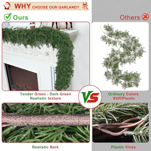 Christmas Garland Soft Bendable Realistic Artificial Cedar Pine Green Xmas Mantle Garland for Staircase with Gift Box Garlands for Decoration Christmas Fireplace Porch Table Home Yard Decor