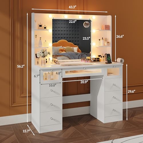 Vanity Desk with Mirror and Lights, Glass Top Vanity with 9 Drawers Including 3 LED Drawers, 4 Shelves & Power Outlet, Makeup Desk with Mirror for Girls Kids, Dressing Table for Bedroom, White