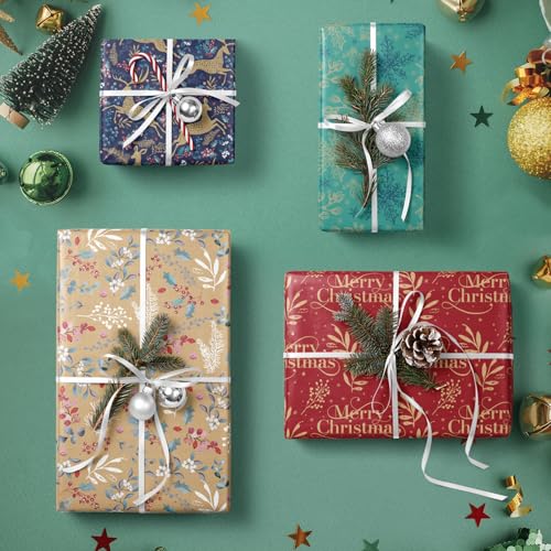 RUSPEPA Christmas Kraft Wrapping Paper - Owl, Reindeer, Christmas Ball and Text Design - 4 Rolls - 30 inches x 10 feet per Roll