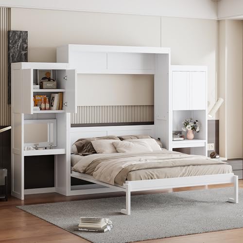 SOFTSEA Queen Size Murphy Bed with Desk and Storage, Wood Queen Wall Bed Frame with Vanity & Shelves, Space-Saving for Guest Room, Bedroom or Office, Espresso