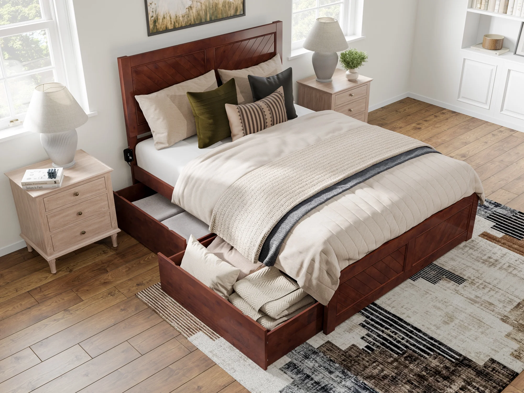 AFI Canyon Walnut Solid Wood Platform Bed with Matching Footboard & Storage Drawers, Queen