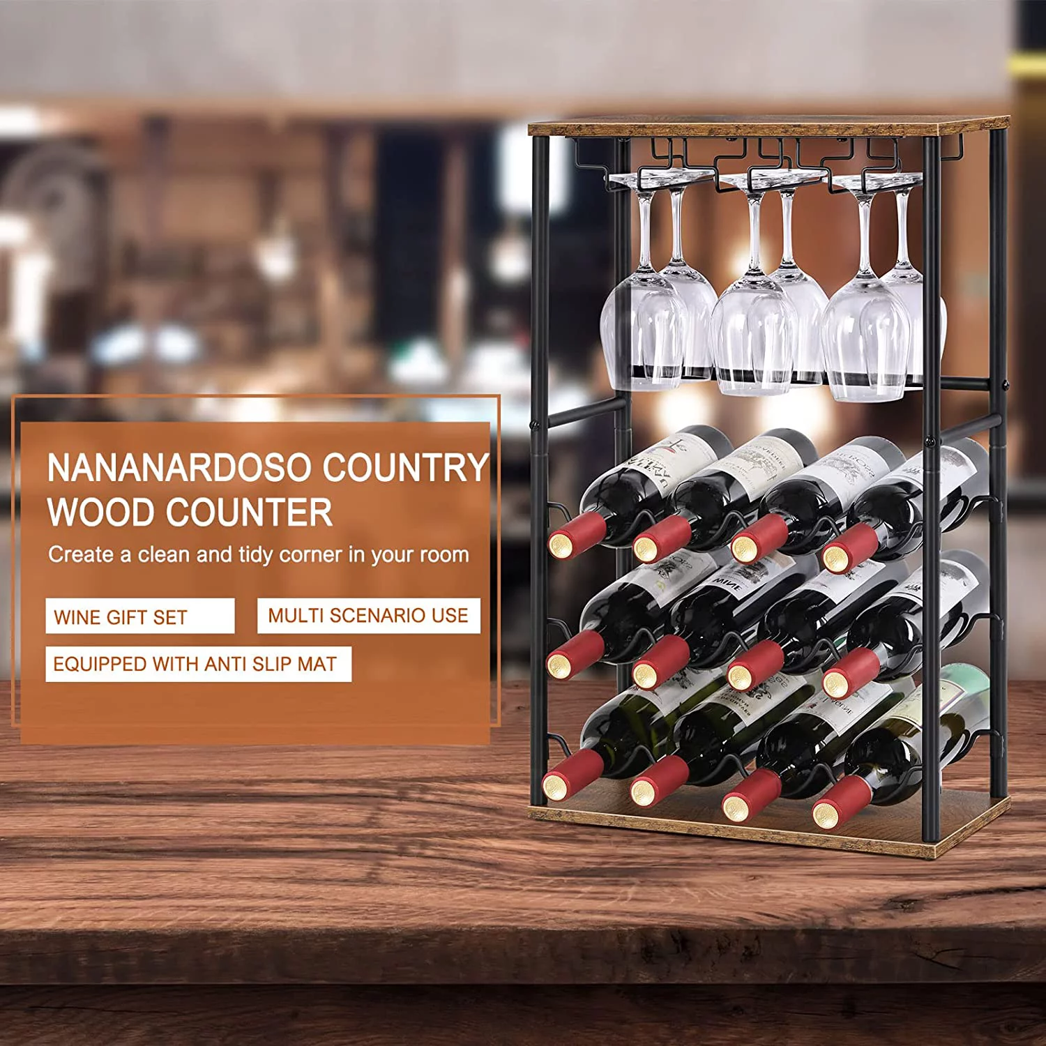 Oumilen 7.11 lb. Countertop Brown Wine Bar Rack, Holds 12 Bottles and 6 Glasses