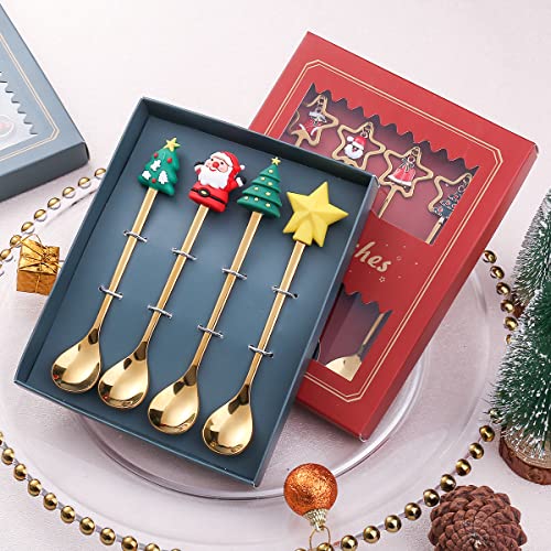 Stainless Steel Christmas Tree Tea Spoon Set - 6pcs (Xmas Coffee, Dinner, Dessert, Stirring, Ice Cream) Creative Tableware Gift, Holiday Party Supply