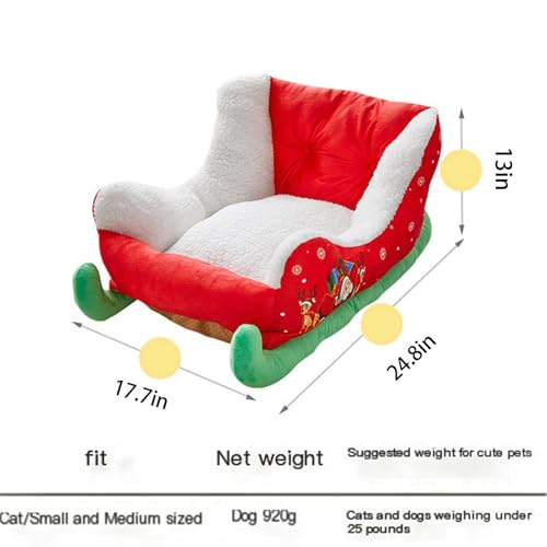 Interesting Red Christmas Cat Dog Bed, Pet Sleigh Bed, Sofa, Indoor and Outdoor Plush Synthetic Fur, Christmas Holiday Themed Pet Bed, Washable and Highly Durable (CC)