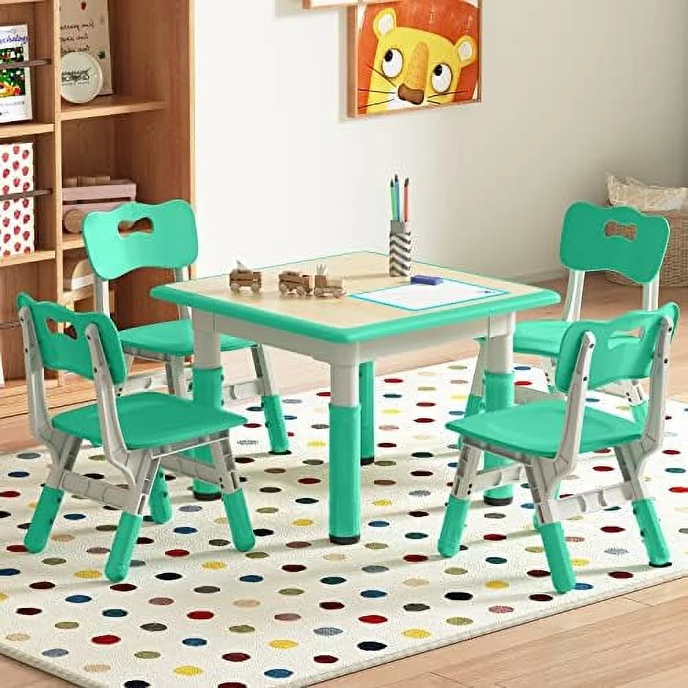 YZboomLife Table and Chair Set  Height Adjustable Toddler Table and 4 Chairs Set   Table for Playing  Drawing  Eating  Studying  Easy to Clean Arts & Crafts Table for Ages 2-10 (Light
