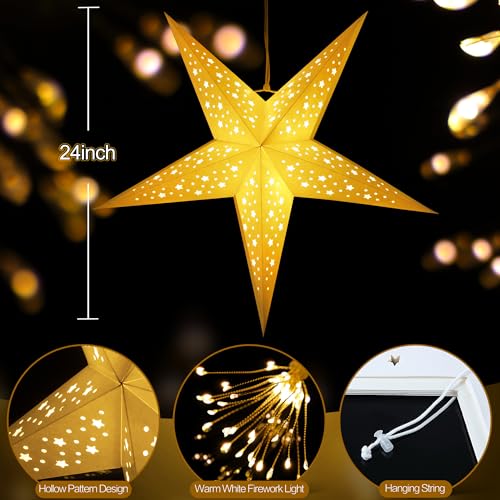 Hiboom 2 Pack Paper Star Lantern 24 Inch, 8 Mode 50 LEDs Firework Fairy String Lights, Five Pointed Light up Hollow Out Star Hanging Decoration for Indoor Outdoor Room Wedding Christmas Party