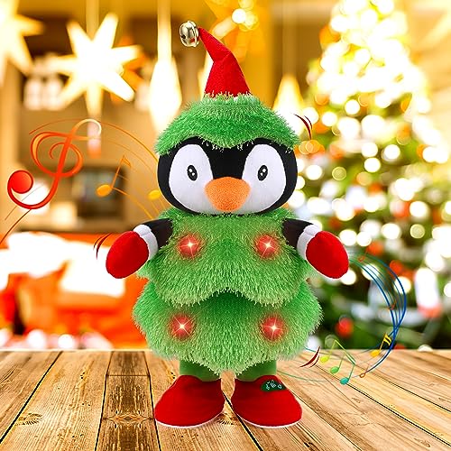 LED Musical Christmas Tree Penguin Stuffed Animal Repeats What You Say Light up Soft Plush Toy Singing Dancing Talking Record Mimicking Twisting Interactive Animated Dolls Decoration Xmas Gifts