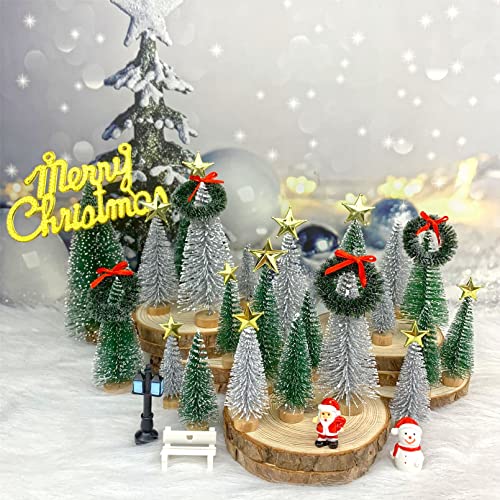 Desktop Miniature Christmas Trees Mini Pine Tree 5pcs with Snow and Wood Base for Xmas Holiday Party Home Tabletop Decor