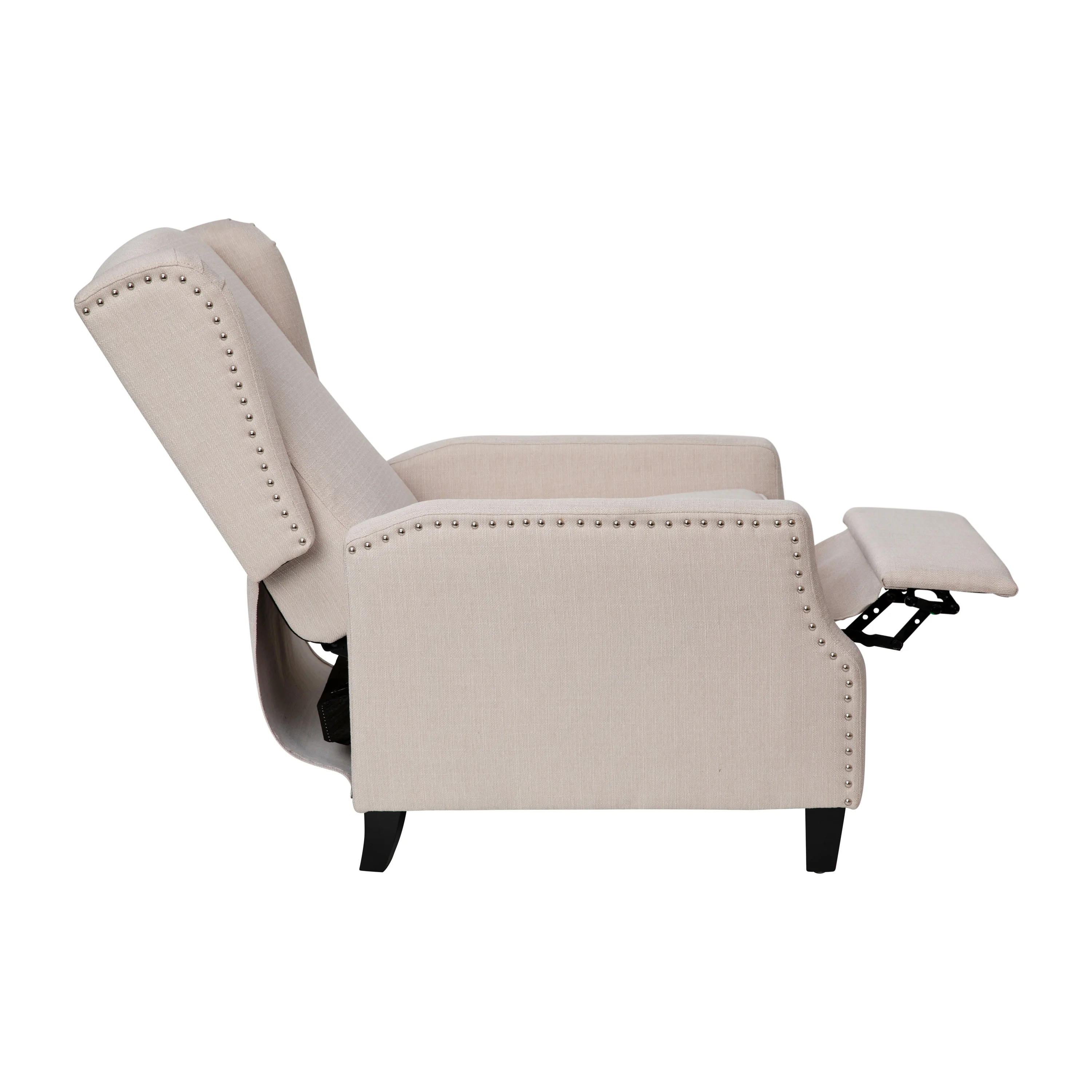 BizChair Traditional Style Slim Push Back Recliner Chair-Wingback Recliner with Cream Fabric Upholstery-Accent Nail Trim