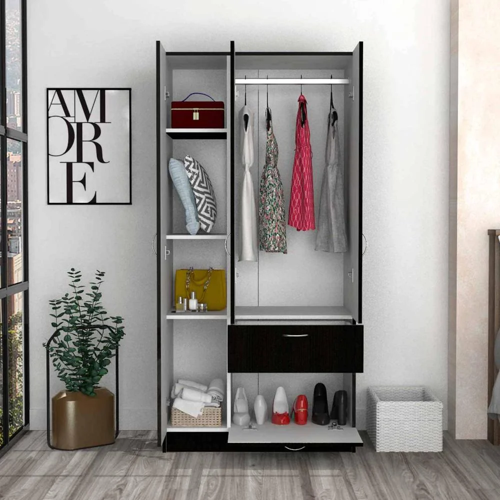FM Furniture Ramblas Modern Wood Armoire with Two Cabinets in Black/White