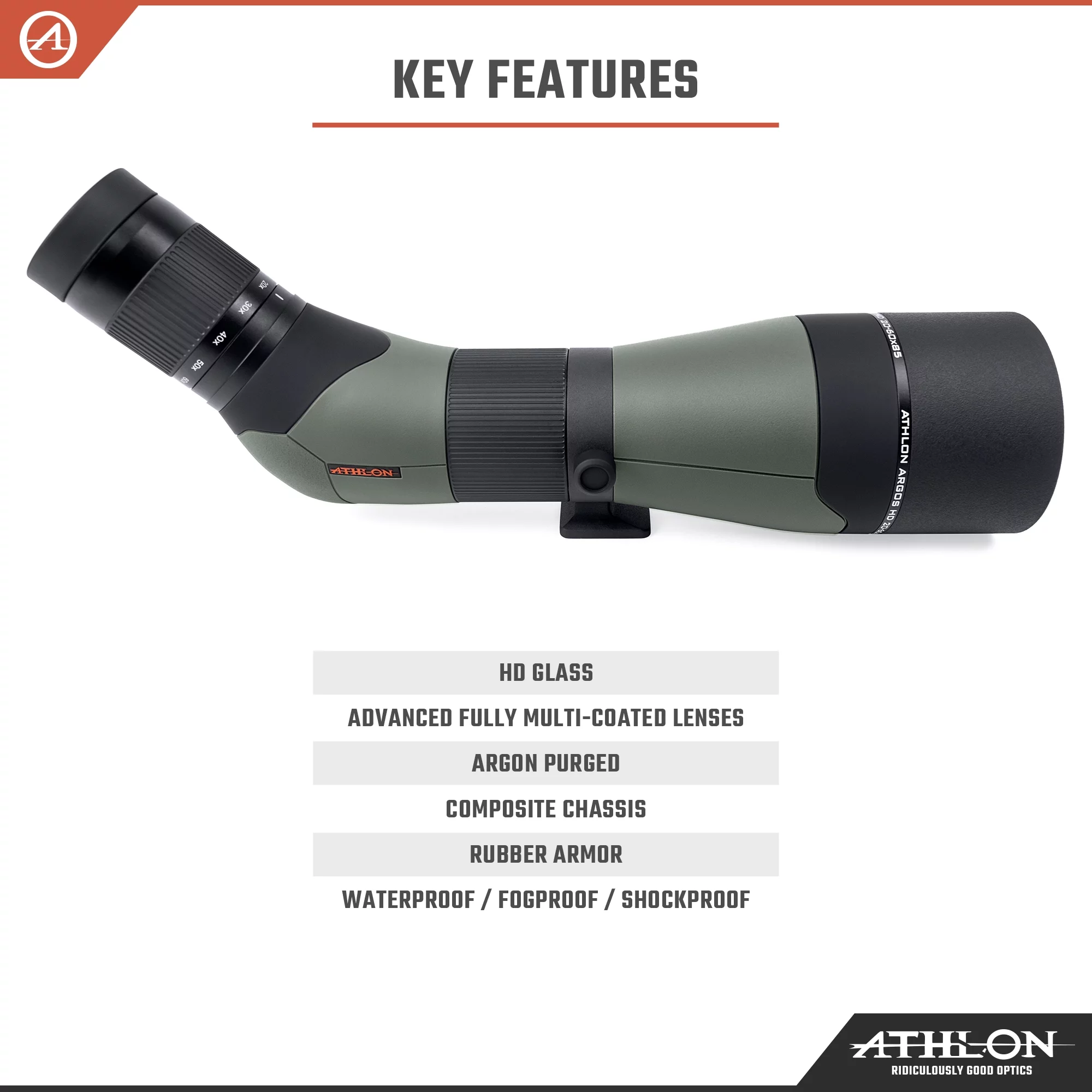 Athlon Optics Argos HD 20-60x85 Spotting Scope, 45 Degree Angle - Green/Black (314001)
