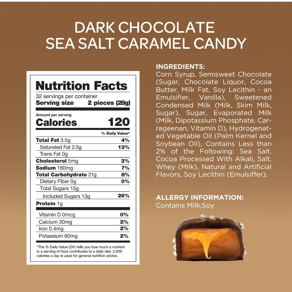 Funtasty Dark Chocolate Sea Salt Caramel Squares Candy, 2-Pound Pack
